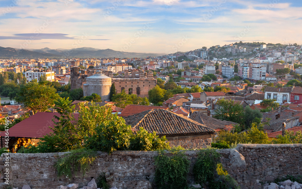 Panoramic photo of city of Pergamon locally known as Bergama. Tourism and leisure concept