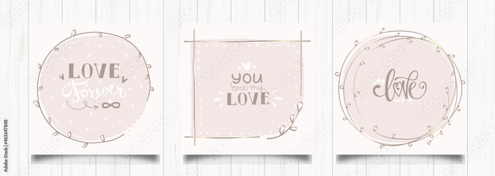 Set of love greeting cards in retro style. Vintage abstract design template with pink love romantic card. Cute vector illustration. Gold wedding frame. Modern holiday background
