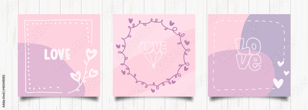 Set of love greeting cards in retro style. Vintage abstract design template with pink and purple love romantic card. Cute vector illustration. Wedding frame. Modern holiday background Set of love greeting cards in retro style. Vintage abstract design template with pink and purple love romantic card. Cute vector illustration. Wedding frame. Modern holiday background