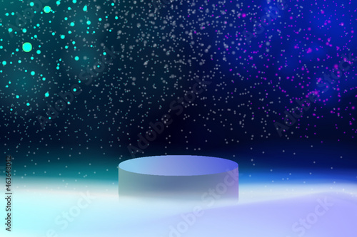 Cyberpunk product podium platform in snowfall night time with blue and violet spotlight for futuristics scene concept