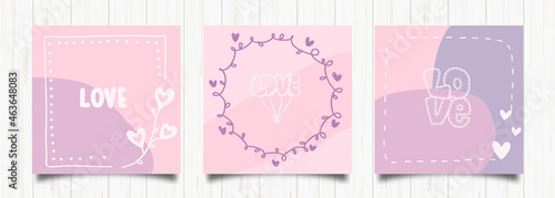 Set of love greeting cards in retro style. Vintage abstract design template with pink and purple love romantic card. Cute vector illustration. Wedding frame. Modern holiday background