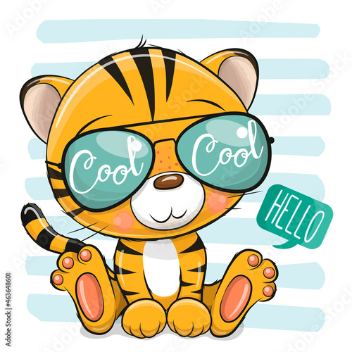 Cartoon Tiger with sun glasses on striped background