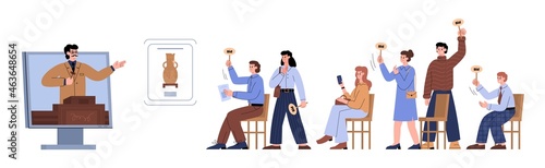 Banner with people participating in a online auction, flat vector illustration.