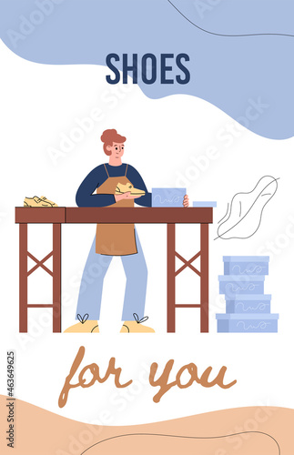 Poster with shoemaker in shoe workshop is packing new pair of shoes into boxes
