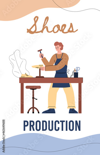Shoemaker with hammer works in workshop, makes handmade shoes in flat vector