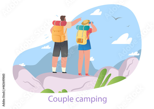 Mountain tourism concept. Couple climbed hill and admired beautiful landscape. Vacation in nature. Man and woman on hike. Cartoon modern flat vector illustration isolated on white background © Rudzhan
