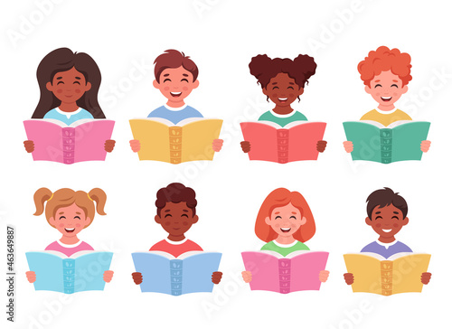 Children reading books. Little boys and girls of different nationalities with books. Vector illustration