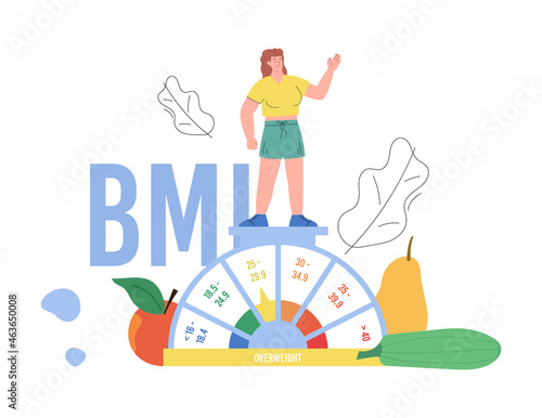 Plump woman standing on scales in flat vector illustration isolated on white