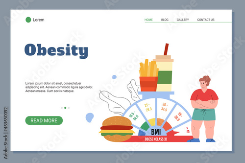 Website banner on obesity problem and high BMI, flat vector illustration.
