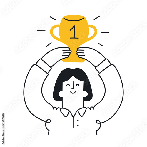Happy woman holding winning trophy. Victory, competition, championship, winning, success, achieving the goal concept. Outline, linear, thin line, doodle art. Simple style with editable stroke.