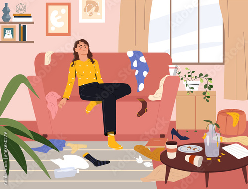 Concept of apathy. Lazy upset woman sitting in messy room with scattered clothes and dirty dishes. Depression and psychological problems. Cartoon flat vector illustration isolated on white background