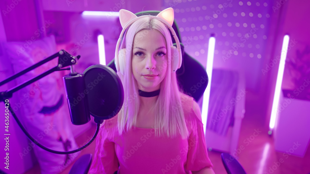 Girl with pink headphones cheap