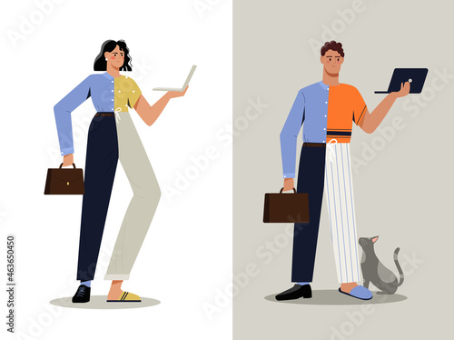 Hybrid work concept. Man and woman in business suit and pajamas work in office and at home. Remote or full time employee. Cartoon colorful flat vector collection isolated on white background