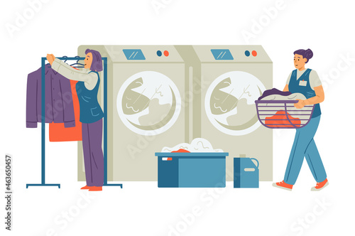 Laundry staff washing and cleaning clothes, flat vector illustration isolated.