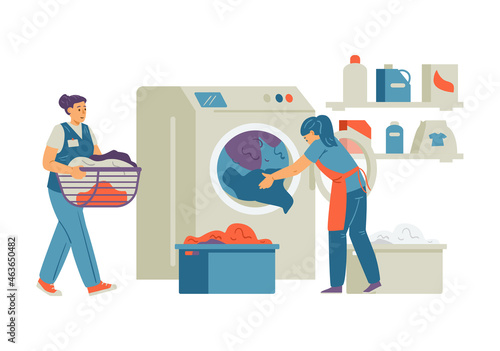 Household laundry dry clean services workers, flat vector illustration isolated.