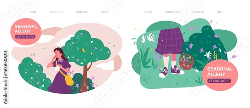 Seasonal allergy concept. Girl sneezes because of pollen of plants. Seasonal deterioration of health, rhinitis. Landing page template. Cartoon flat vector collection isolated on white background