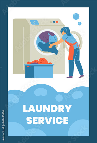 Laundry card with laundress puts clothes in washing machine, vector illustration.