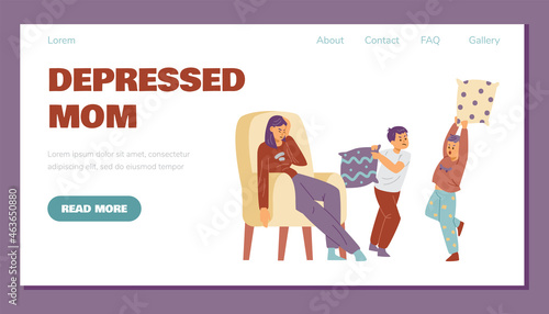 Web banner with concept of mother in depression, stress in flat illustration