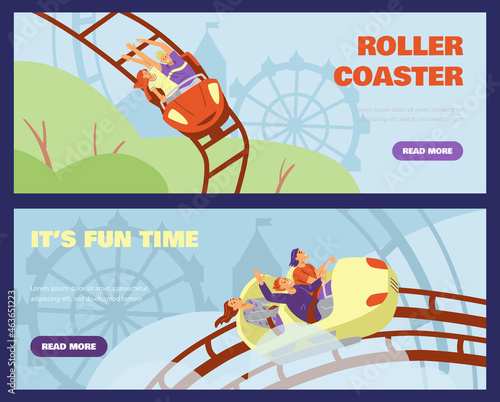Park amusement and roller coaster attraction banners flat vector illustration.