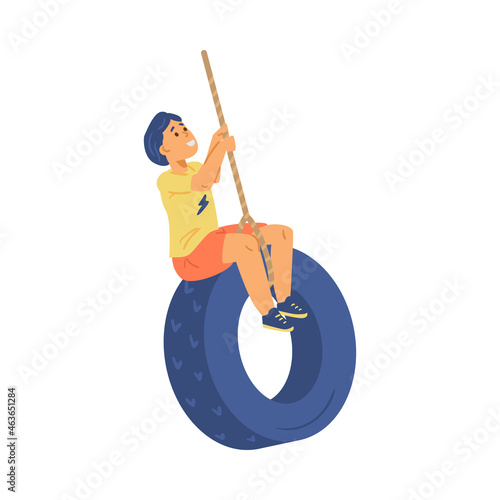 Preschooler or school boy swinging on bungee sitting on wheel in flat vector