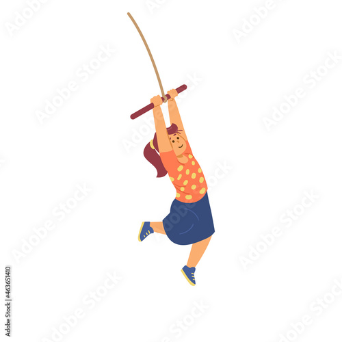 Cute little girl in skirt swinging, jumping bungee in flat vector illustration