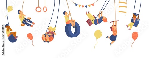 Set of different kids on swing, other rope sport equipment in flat vector