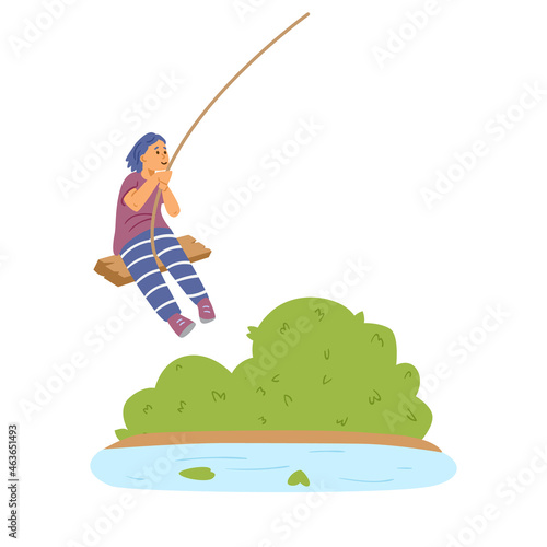Child swinging on bungee swing over river, flat vector illustration isolated.