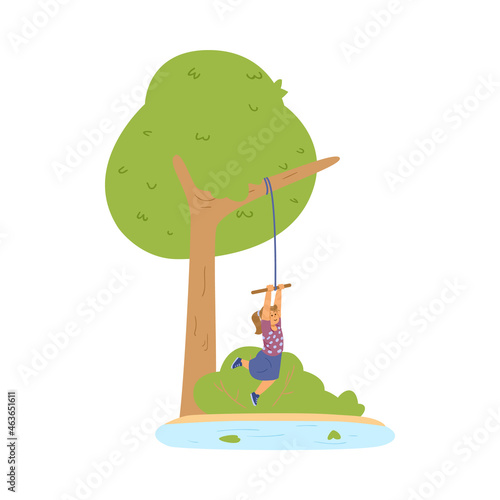 Cute girl swinging on bungee tied to tree branch in summer park in flat vector