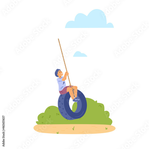 Child swinging on tire swing in playground, flat vector illustration isolated.