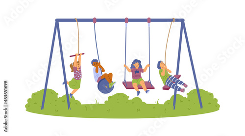 Fototapeta Naklejka Na Ścianę i Meble -  Happy kids swinging on swing, bungee in park at playground in flat illustration