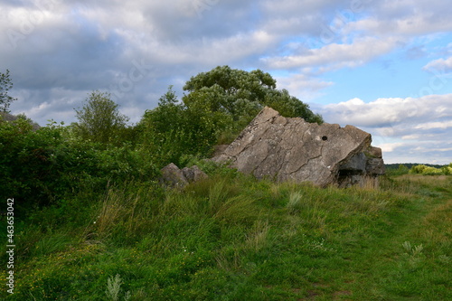 A view of an old abandoned, damaged and partially destroyed concrete bunker or bomb shelter located in the middle of a dense field or meadow seen on a cloudy summer day on a Polish countryside
