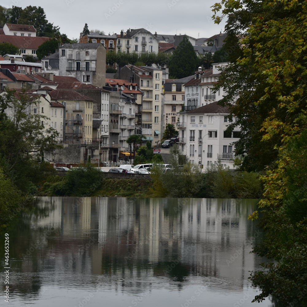 Lourdes, France - 9 Oct 2021: Scenic views along the Gave de Pau river as it flows through the town of Lourdes