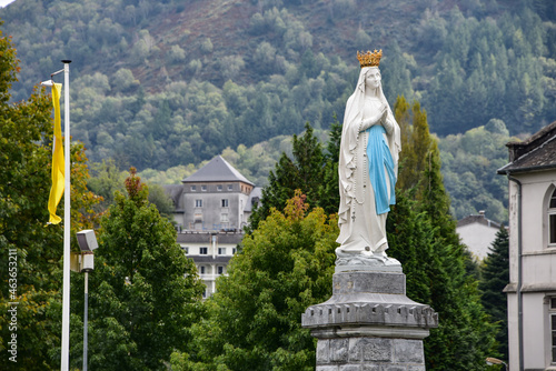 Lourdes  France - 9 Oct 2021  Statue of the Virgin Mary on the espanade of the Rosary Basilica