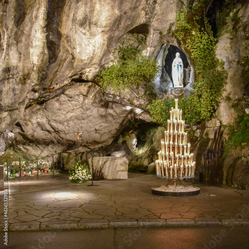 Lourdes, France - 9 Oct 2021: Shrine to the Virgin Mary at the Massabielle Grotto, Lourdes