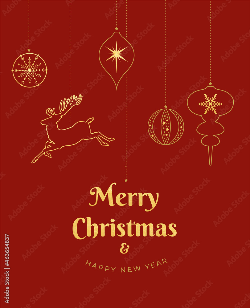 Merry christmas card with hanging christmas garland with balls