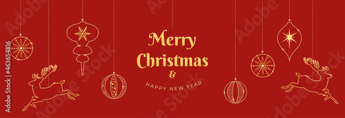 Christamas greeting card winter holiday design with snowflakes ornament garland hanging gold and silver Christmas ball