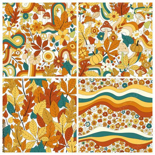 70s groovy hippie retro seamless pattern set. Vintage floral vector pattern collection. Wavy floral background with rainbow, leaves, mushroom,pumpkin,flowers. Doodle hippie print for wallpaper, fabric