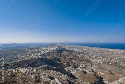 Overlooking the landscape of the village Pyrgos from the mountain in Santorini Island in Greece