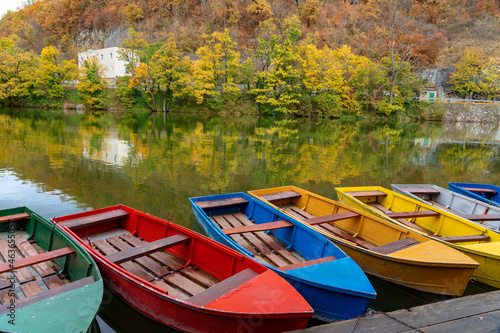 Hamori lake in Lillafured Miskolc pearl of the Bukk Natonal Park in Hungary with colorful boats fall autumn season