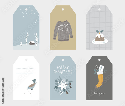 Set of Christmas Scandinavian gift tags, labels. Birds, knitted sweater, flowers and pudding with holly berries. Checkered pattern. Winter lanscape with house. Nordic design. Vector illustrations