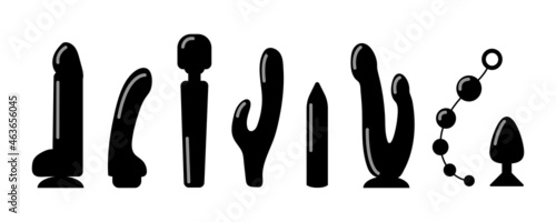 Set of adult sex toys. Dildos and vibrators, vaginal beads, anal plugs. Vector sex shop icons in a flat black silhouette style.