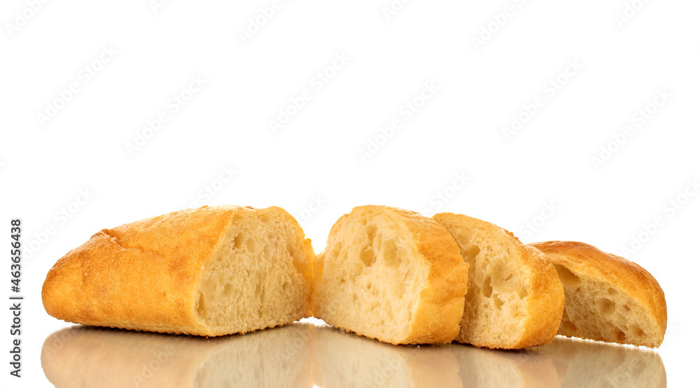 One sliced fresh ciabatta, close-up, isolated on white.