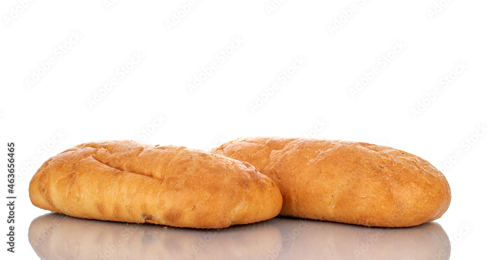 Two fragrant ciabatta, close-up, isolated on white. Two fragrant ciabatta, close-up, isolated on white.