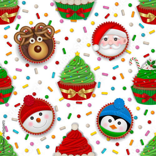 Seamless christmas pattern with cupcakes. texture with christmas cupcakes