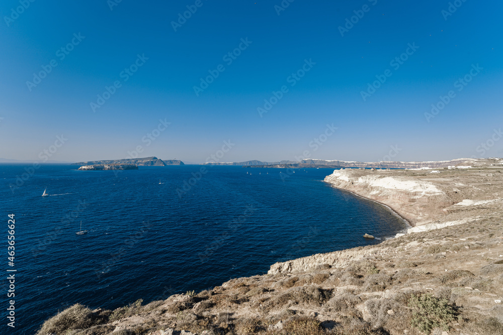 Natural landscapes, volcanic scenery with Aegean seascape in Santorini Island, Greece
