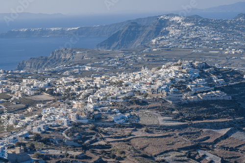 Overlooking the landscape of the village Pyrgos from the mountain in Santorini Island in Greece