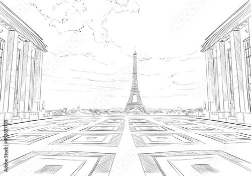 Romantic landscape view of the Eiffel Tower and Sena River. Paris, France. Urban sketch. Hand drawn vector illustration