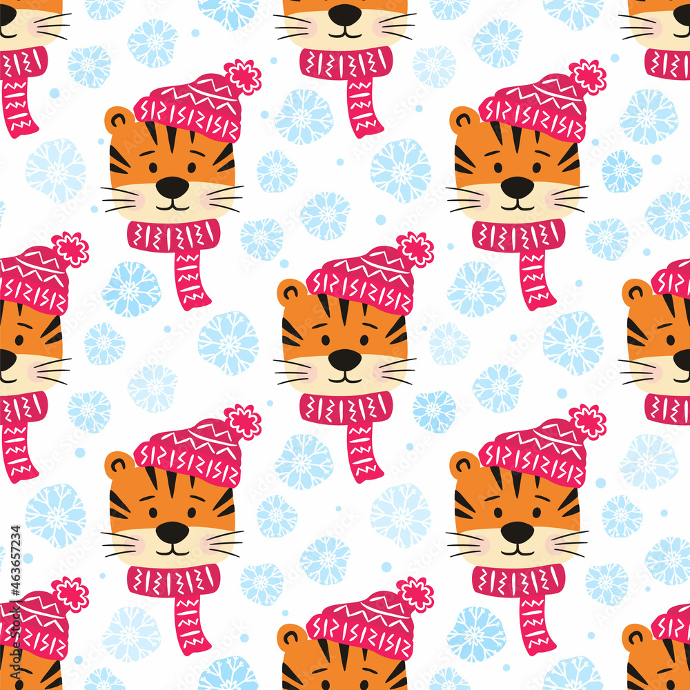 Seamless winter pattern with snowflakes and tiger cubs. Light Blue background for kids printing. Tiger in knitted hat and scarf, the theme of winter sports, activities, New Year and Christmas. Vector