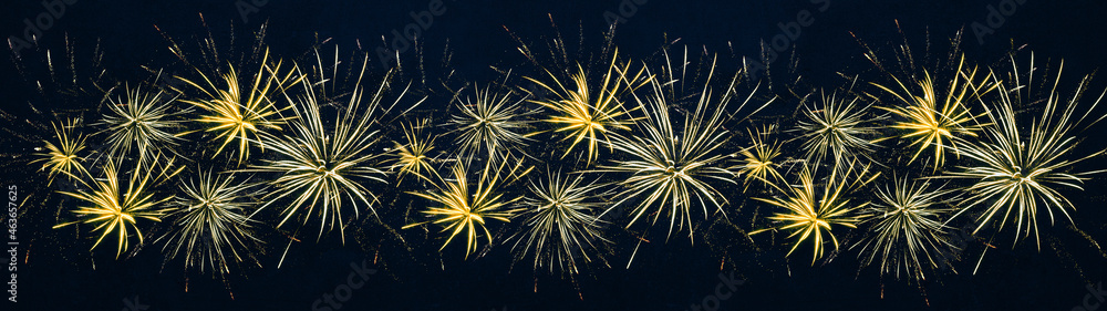 HAPPY NEW YEAR - Festive silvester background panorama greeting card  banner long - Golden firework and bokeh light in the dark blue  night