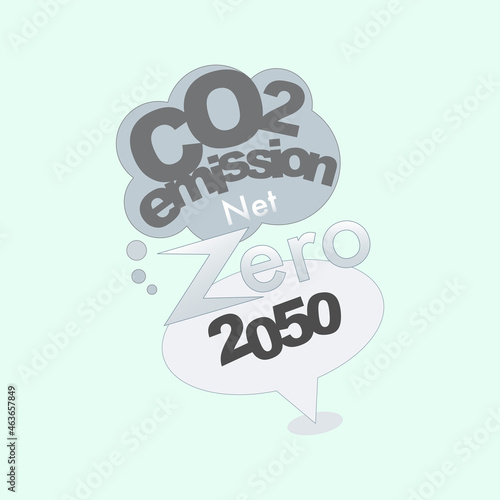 CO2 net-zero emission 2050 typographic design. Thought bubbles as a gimmick of plan and goal. Vector illustration outline flat design style.
